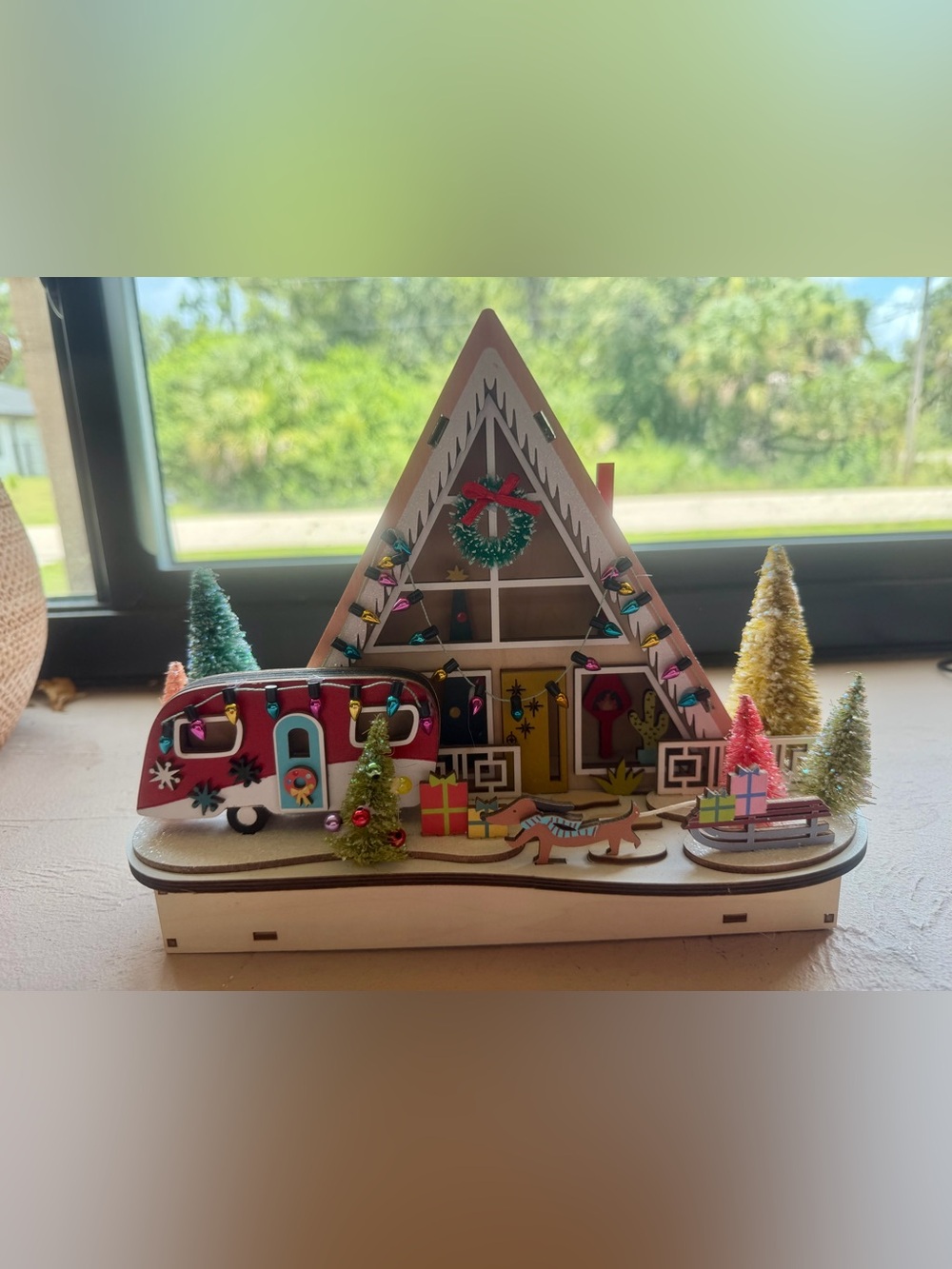 World Market Exclusive Laser Cut Wood Mid-Century A-Frame House LED light